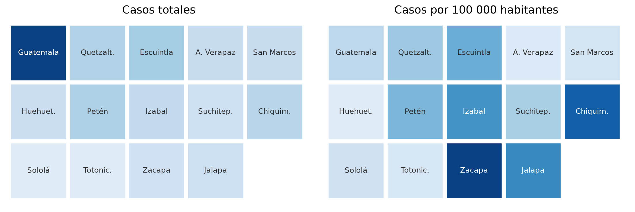 Mapa de casos totales junto a mapa de casos por habitante